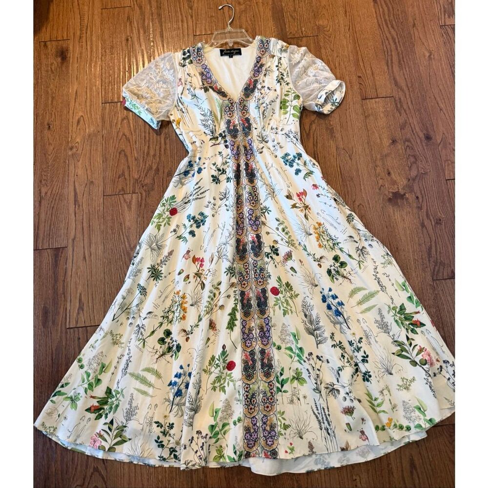 Anthropologie Gesha Designs Donna floral puff sleeve lace midi dress small - Picture 10 of 11